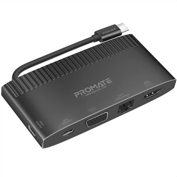 USB-C хаб 6-в-1 Promate MediaHub-C6 HDMI/VGA/USB-C PD/USB-C/USB-A 3.0/RJ45 Black (mediahub-c6.black)