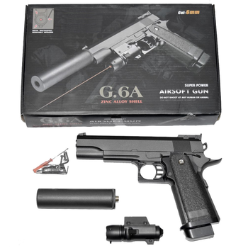 Страйкбольный пистолет Galaxy Colt M1911 Hi-Capa с глушителем и прицелом металл черный