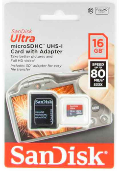 Карта памяти Sandisk microSDHC Ultra C10 80MB/s16GB