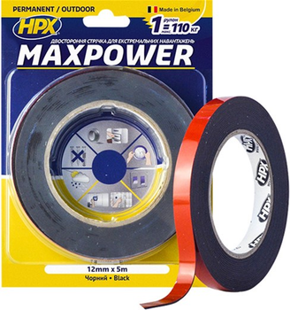 Двостороння стрічка HPX Maxpower Outdoor для екстремальних навантажень - для зовнішніх робіт 12 мм х 5 м Чорна (OT1205)