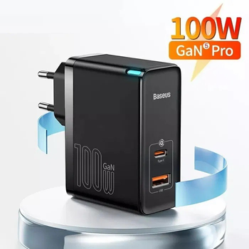 Блок живлення Baseus GaN5 Pro 100W Quick Charge 5.0 |1xType-C, QC/PD, 5A| + кабель USB-C 100W для MacBook/Huawei/Samsung/Asus/Google/Lenovo black