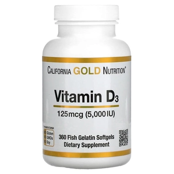 Вітамін D3, California Gold Nutrition, 125 мкг (5000 МО), 360 капсул з риб'ячого желатину