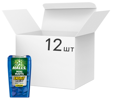 Упаковка цукерок Halls Mini Mints зі смаком м'яти з вітаміном В без цукру 12.5 г х 12 шт (7622202051395)