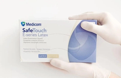 Рукавички латексні Medicom SafeTouch® E-Series оглядові опудрені розмір XS 100 шт Білі