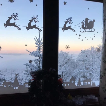 Интерьерная новогодняя наклейка С Новым годом! (санта, олени, город на окно, стекло) глянцевая 1200х200 мм