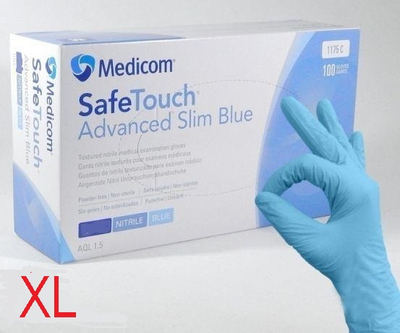 Перчатки нитриловые неопудренные голубые, размер XL (100 шт/уп) Medicom Advanced Slim Blue 3,6г.