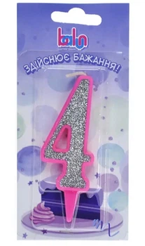 Свічка цифра 4 Balun для торта Срібло в рожевій окантовці 9 см (4955)