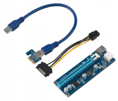 Riser PCI-EX, x1-x16, 6-pin, SATA-6Pin, USB 3.0 AM-AM 0,6 м (синий) , конденсаторы F51F, Пакет