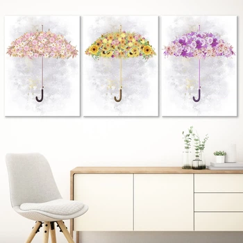 Модульна картина Холстович Floral umbrellas 225х100 см. Інтер'єрна модульна картина з квітковими парасольками в стилі прованс для вітальні, спальні, кухні, офісу