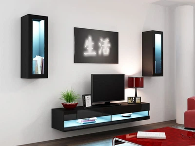Стенка в гостиную комплект Кама Меблі Vigo New 11 из ламинированной ДСП и стекла Черный Польша без подсветки