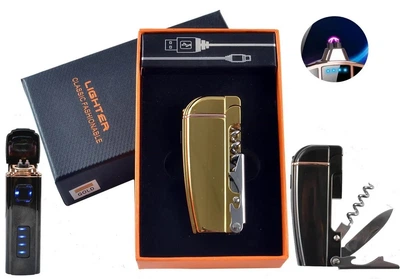 Плазменная электроимпульсная USB-зажигалка мультитул Lighter Сorkscrew Gold Ice в подарочной упаковке