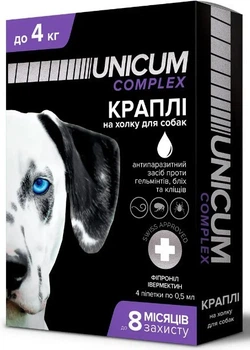 Капли от блох, клещей и гельминтов на холку для собак Unicum COMPLEX 0-4 кг (ивермектин+фипронил), 4 пипетки