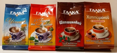 Упаковка растворимого напитка на основе ячменя и цикория Галка Шипшиновий Надзвийчайний, Цілющий и Життєдайний 4шт по 100г