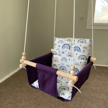 Детская качеля Infancy Радужки синие подвесная из натурального дерева фиолетовая тканевая основа от 7 месяцев до 5 лет