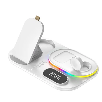 Док-станція з годинником та LED підсвічуванням STR 4 in 1 (для iPhone/Apple Watch/AirPods/USB) - White