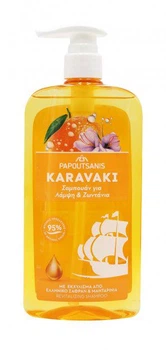 Відновлюючий шампунь для блиску Karavaki Грецький шафран та мандарин 600 мл