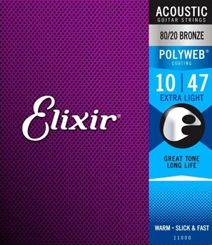 Струны для акустической гитары Elixir 11000 Polyweb 80/20 Bronze Extra light 10-47 (AC PW EL)