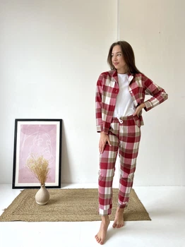 Женская пижама тёплая домашний костюм 3-ка в клеточку COSY (штаны+рубашка+футболка) L красно/белая F61P+f01ws