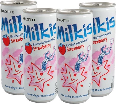 Упаковка безалкогольного газированного напитка Lotte Milkis Клубника 0.25 л х 4 банки (8801056791018)