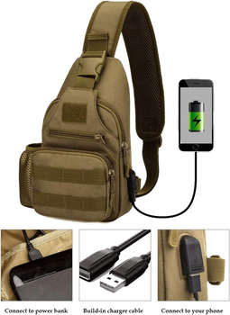 Водонепроницаемая тактическая сумка через плечо Yakmoo с USB-портом для зарядки в стиле милитари Койот
