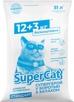 Наповнювач для котячого туалету SuperCat СТАНДАРТ Деревний поглинаючий 12+3 кг (51 л) (5159) (4820152564399)