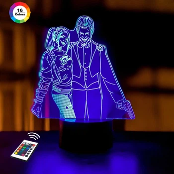 3D ночник "Джокер и Харли Квин" (УВЕЛИЧЕННОЕ ИЗОБРАЖЕНИЕ) подарочная упаковка + 16 цветов + пульт ДУ + сетевой адаптер&nbsp;+ батарейки (3ААА) &nbsp;3DTOYSLAMP