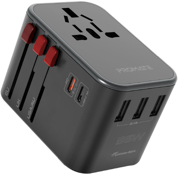 Переходник сетевой Promate TripMate-36W EU/US/UK/AU на EU/US/UK/AU, 2xUSB-C + 3xUSB-A 36W total Black (tripmate-36w.black)