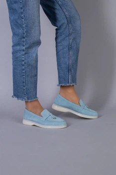 Жіночі демісезонні лофери ShoesBand Блакитні натуральні замшеві на вузьку/середню стопу всередині шкірпідкладка 41 (27 см) (S66021-3)