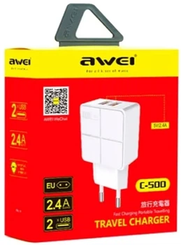 Сетевое зарядное устройство AWEI C-500 Travel charger 2USB 2.4A White
