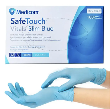 Перчатки смотровые нитриловые текстурированные Medicom SafeTouch® Vitals™ Slim Голубой (3,0 г) размер M (00129)