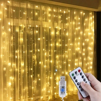 Светодиодная Водонепроницаемая Гирлянда-Занавес Штора Sunnest 3*3м 300LED USB c Пультом для Украшений Окон и Террасы, теплый белый (SUN-300N)