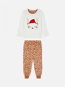 Пижама плюшевая новогодняя Котик бело-коричневая (штаны и кофта) Primark 128см (40009536)