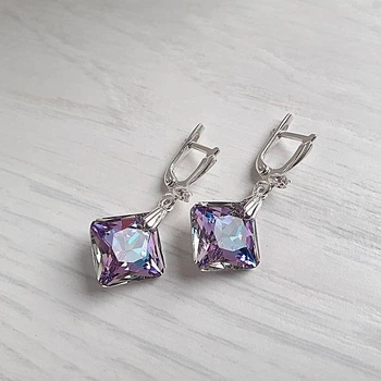 Сережки Hand Made з кристалами хамелеонами Swarovski бузково-бірюзових відтінків