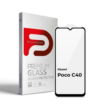 Защитное стекло для Xiaomi Poco C40, Full Glue, 2.5D, на весь экран, глянцевое, закаленное 9H, полная проклейка по всей поверхности, с черной рамкой, противоударное, ArmorStandart (ARM62954)