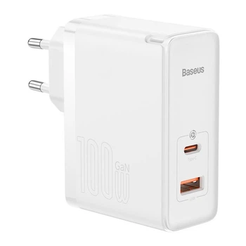 Сетевое зарядное устройство Baseus GaN5 Pro USB + Type-C + кабель Type-C, 1 метр (100Вт, 5A, адаптер, 2 разъема, быстрая зарядка) - Белый