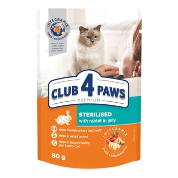 Упаковка вологого корму для стерилізованих котів Club 4 Paws для дорослих котів в желе з кроликом 80 гр 24 шт