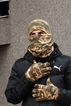 Зимний флисовый комплект для военных: Бафф, шапка, перчатки, цвет Пиксель