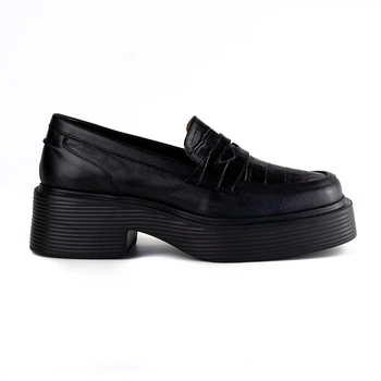 Лоферы женские на массивной подошве черные кожаные туфли женские Woman's heel на широком каблуке 37 (О-912)