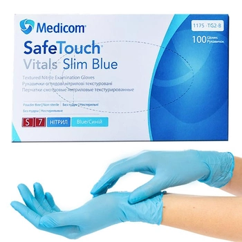 Нитриловые перчатки Medicom, плотность - 3.2 г. - Slim Blue (голубые) - 100 шт S (6-7)
