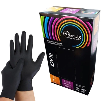 Черные одноразовые перчатки L (8-9) SanGig, 100 шт