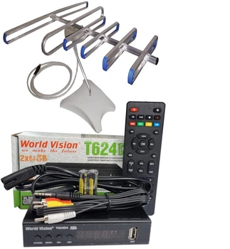 Комплект Т2 телевидения ( Тюнер DVB-T2 World Vision T624D4 IPTV+ Антена для Т2 комнатная SUPERAнтенна с тв-кабелем)