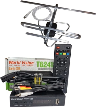 Комплект Т2 телевидения ( Тюнер DVB-T2 World Vision T624D4 IPTV+ Антена для Т2 комнатная с тв-кабелем)