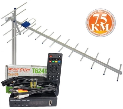 Комплект Т2 телевидения ( Тюнер DVB-T2 World Vision T624D4 IPTV+ Антена для Т2 наружная Дальнобой 75км)
