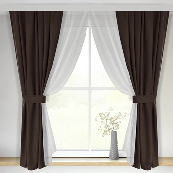 Подвійні вкорочені штори-занавіски для кухні Adagio Windows Decor Коричневі штори у розмірах 1,4х1,7м (4шт) під карниз 1,5-2м