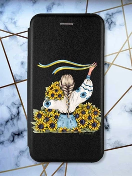 Чохол-книжка з малюнком для Xiaomi Redmi 7A Чорний; Дівчина зі стрічкою (патріотичний принт 25)
