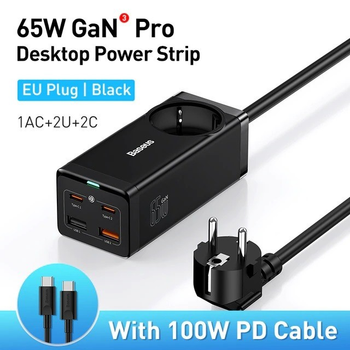 Блок живлення Baseus GaN3 Pro 65W (2xUSB, 2xType-C+ розетка) + кабель USB-C 100W black