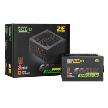 Блок питания 2E GAMING SOLID POWER (600W), >85, 80+ Bronze, 120mm, 1xMB 24pin(20+4), 1xCPU 8pin(4+4), 3xMolex, (2E-SP600BR-120)