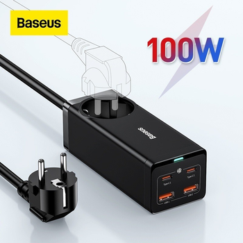 Блок живлення Baseus GaN3 Pro 100W 5в1 (2xUSB, 2xType-C+ Розетка) + кабель USB-C 100W black