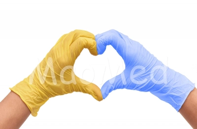 Рукавички нітрилові Medicom Blue and Yellow текстуровані без пудри блакитні та жовті розмір XS 200 шт (3,6 г.)