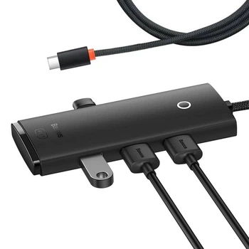 USB хаб расширитель с входом Type-C HUB адаптер Baseus Lite Series 4-in-1 (Type-C to USB 3.0*4, 1m). Black